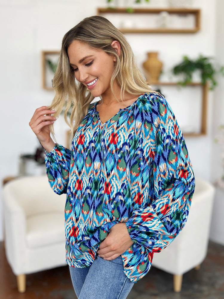 Double Take Full Size Printed Balloon Sleeve Blouse - MyEmpired