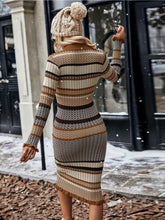 Striped Pattern Lettuce Trim Slim Dress, Elegant Mock Neck Long Sleeve Sweater Dress For Fall, Women&