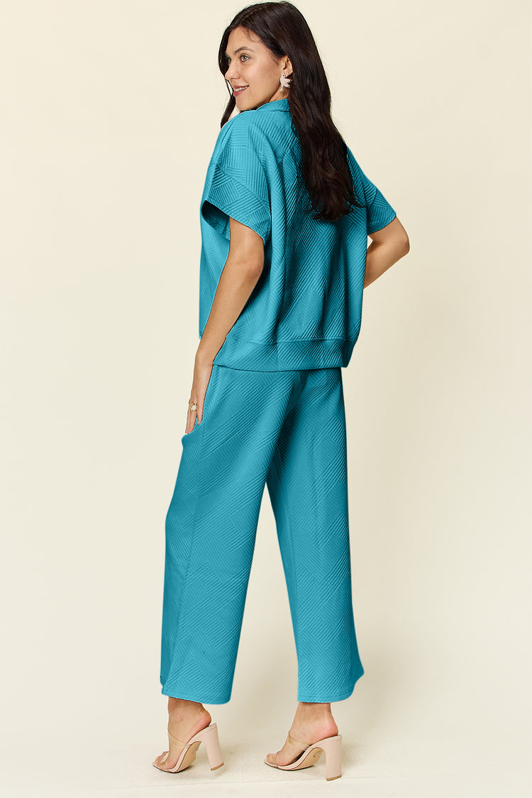 Double Take Full Size Texture Half Zip Short Sleeve Top and Pants Set - MyEmpired