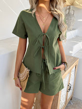 Devine Tied V-Neck Short Sleeve Top and Shorts Set - MyEmpired