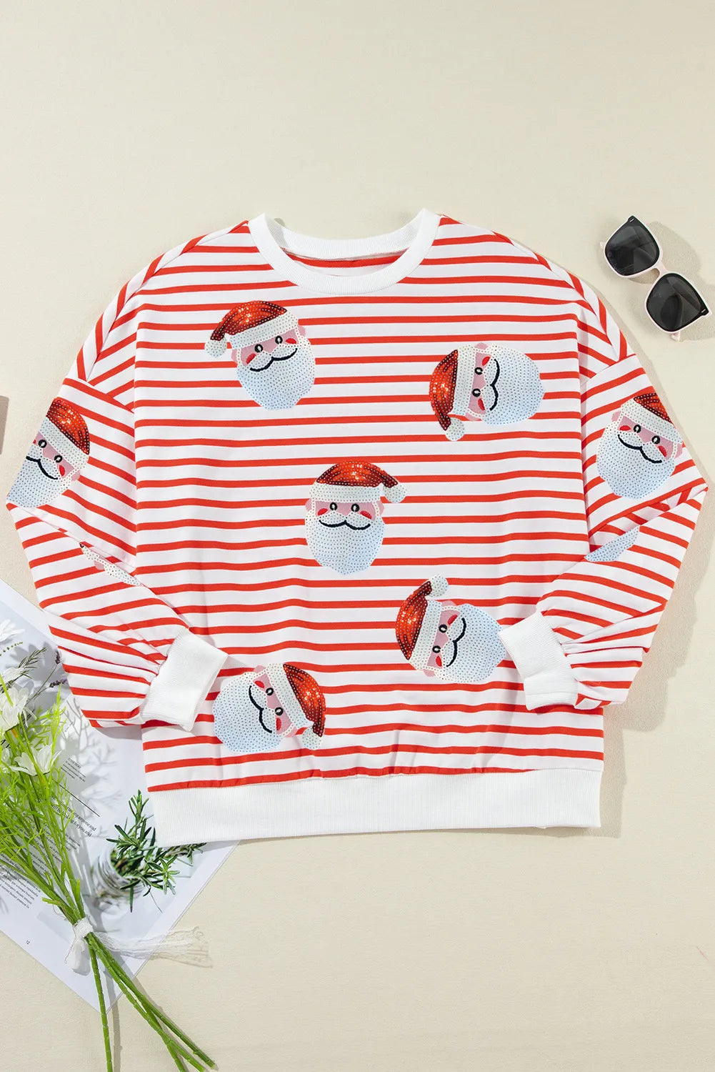 Sequin Santa Striped Round Neck Long Sleeve Sweatshirt - MyEmpired