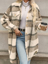 Plaid Pattern Button Front Fuzzy Jacket, Casual Thermal Long Sleeve Long Length Collar Coat For Fall & Winter, Women&