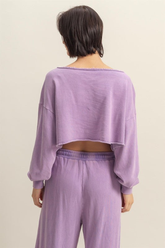 HYFVE Frayed Detail Boat Neck Long Sleeve Crop Top - MyEmpired