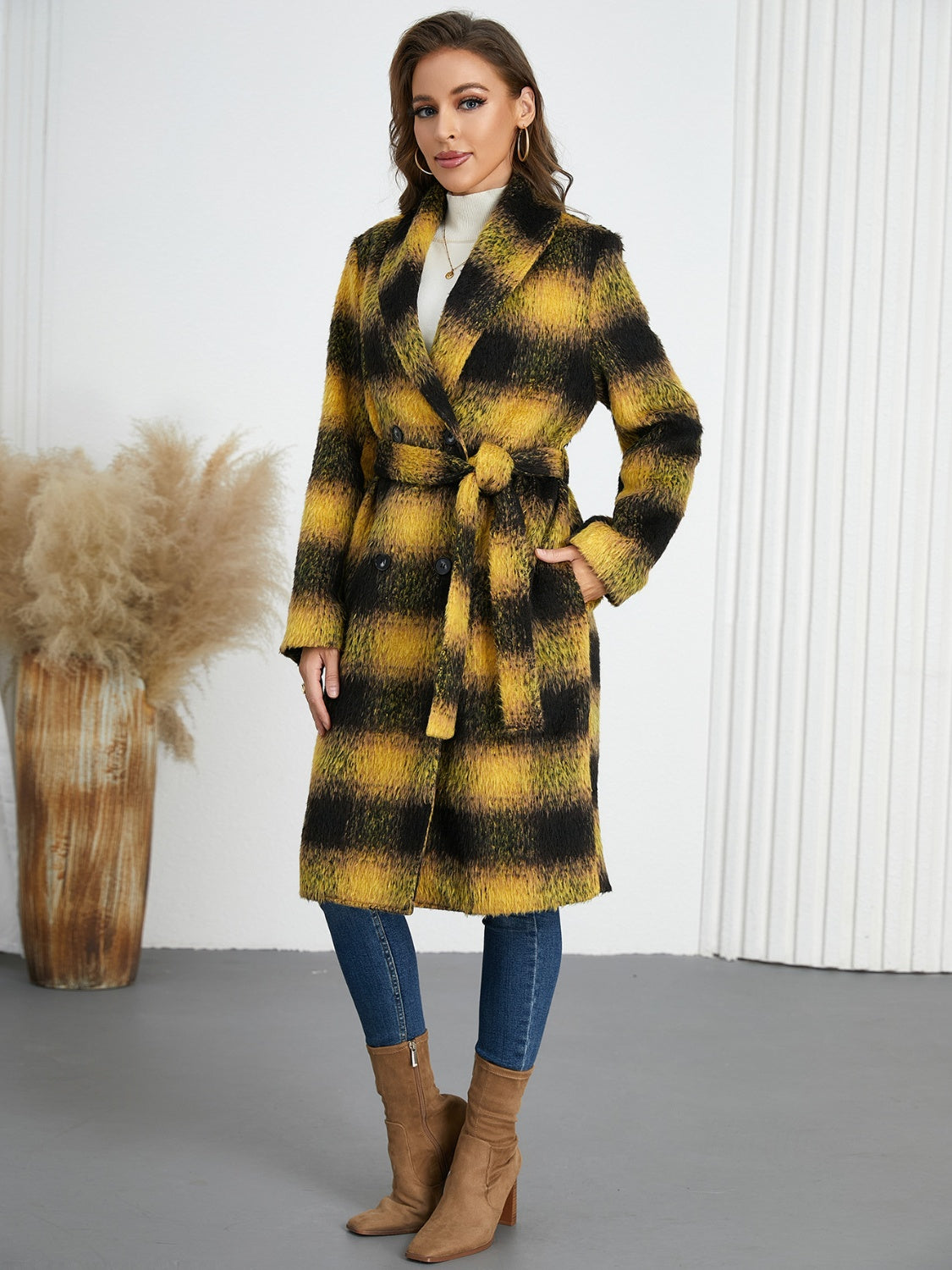 Plaid Tie Waist Long Sleeve Coat - MyEmpired