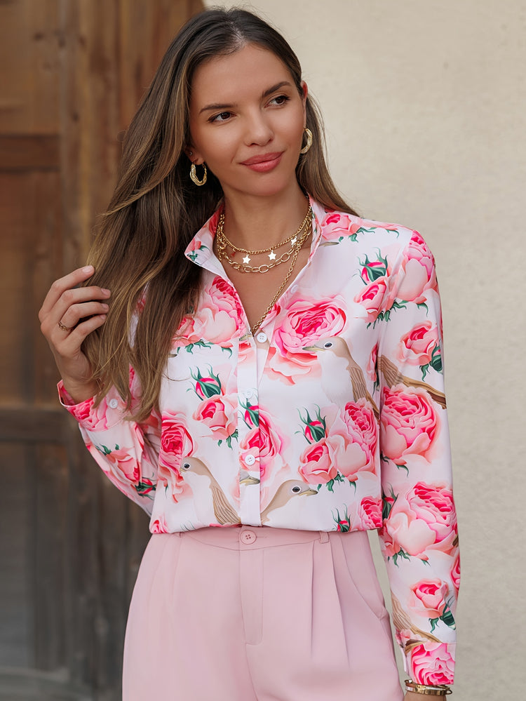 Rose Print Button Front Blouse, Elegant Long Sleeve Knot Hem Crop Blouse For Spring & Fall, Women&