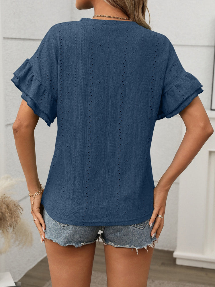 Eyelet Round Neck Flounce Sleeve Top - MyEmpired