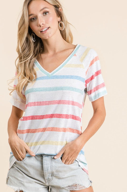 BiBi Striped V-Neck Short Sleeve T-Shirt - MyEmpired