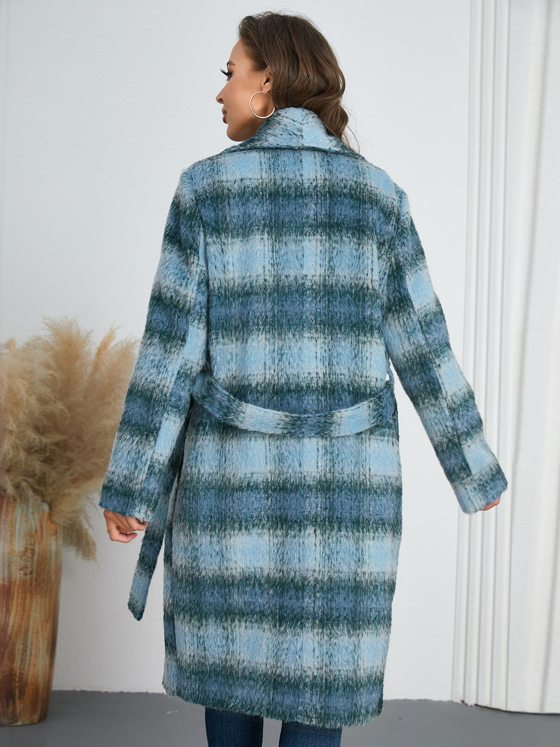 Plaid Tie Waist Long Sleeve Coat - MyEmpired