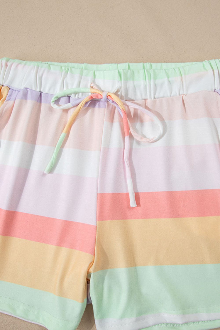 Rainbow Striped Round Neck T Shirt and Shorts Lounge Set - MyEmpired