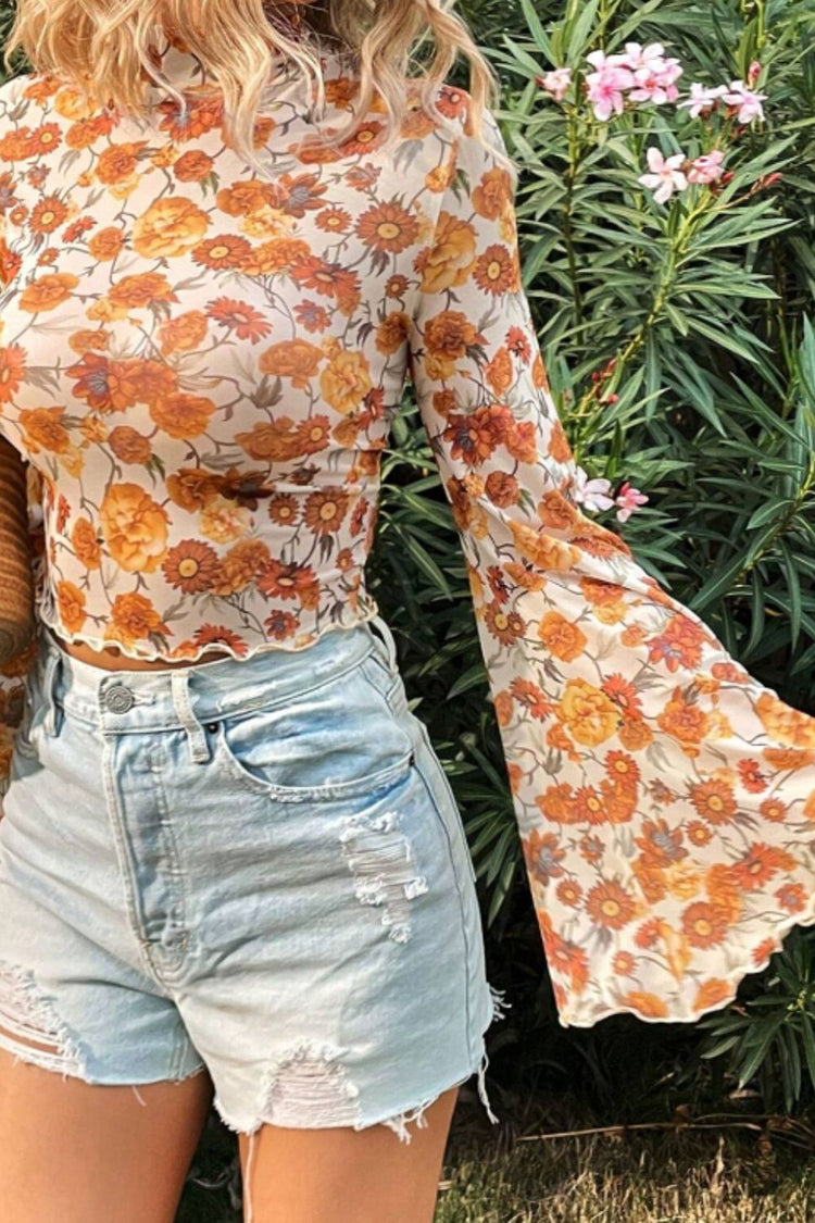 Printed Mock Neck Flare Sleeve Top - MyEmpired