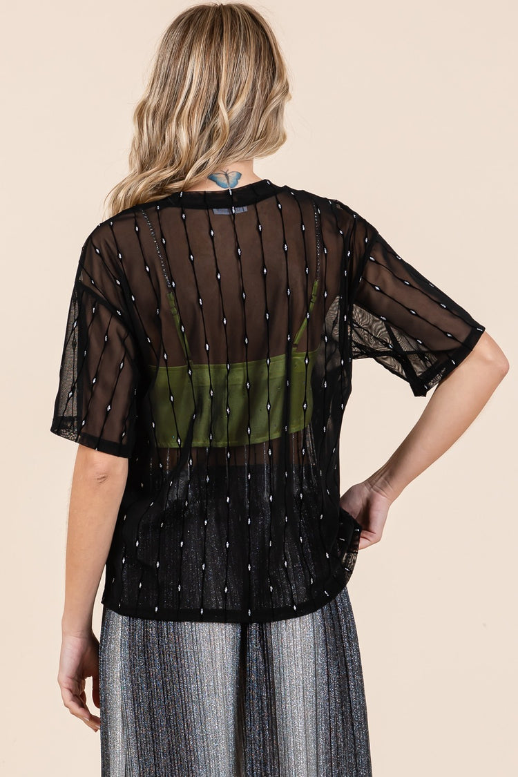 GeeGee Round Neck Drop Shoulder Mesh Glitter Top - MyEmpired