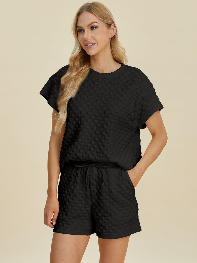 Double Take Full Size Texture T-Shirt and Shorts Set - MyEmpired