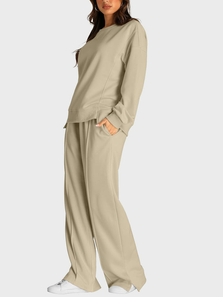 Round Neck Long Sleeve Top and Slit Pants Set - MyEmpired