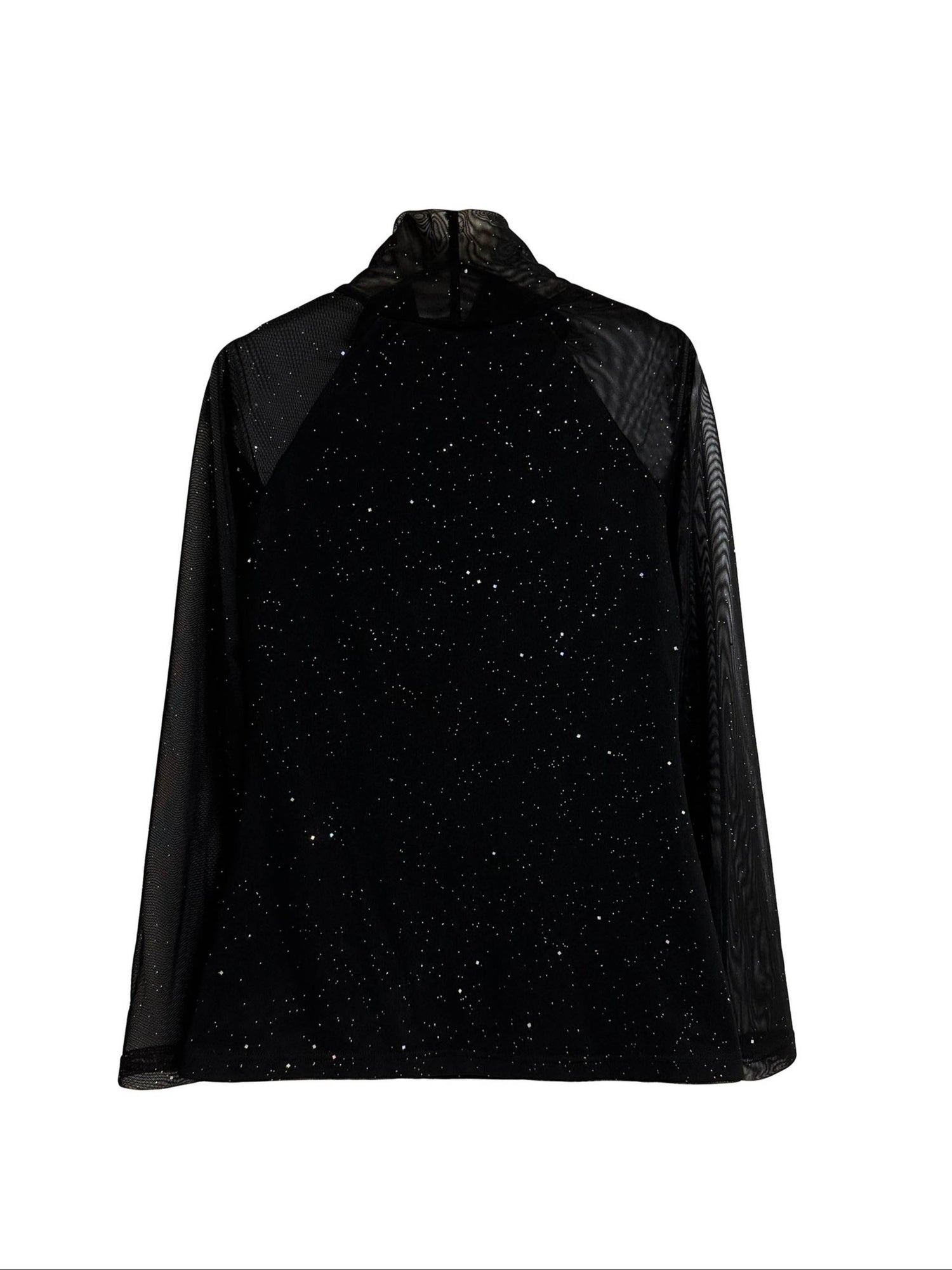 Shiny Contrast Mesh Slim T-shirt, Elegant Mock Neck Long Sleeve Top, Women&