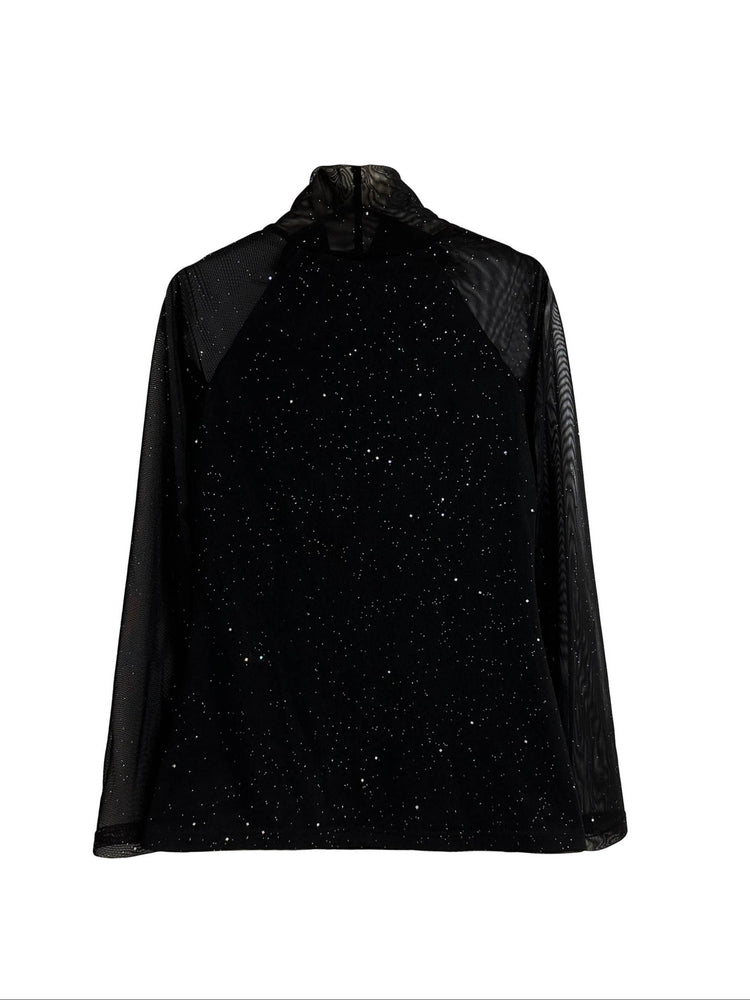 Shiny Contrast Mesh Slim T-shirt, Elegant Mock Neck Long Sleeve Top, Women&