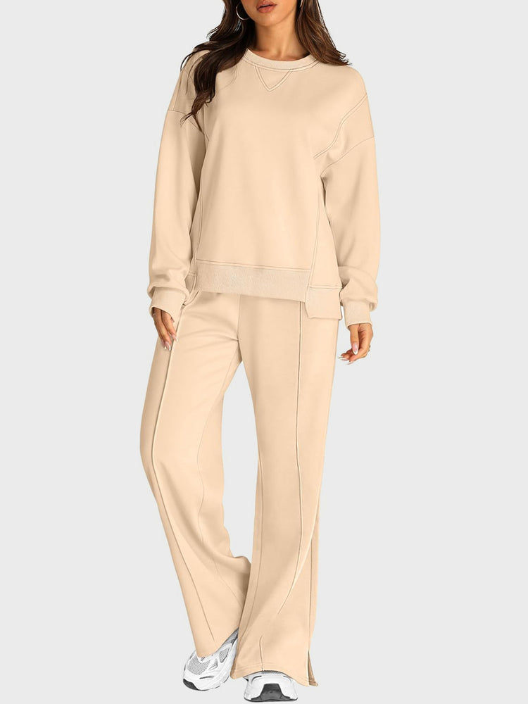 Round Neck Long Sleeve Top and Slit Pants Set - MyEmpired