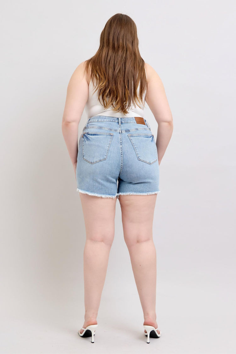 Judy Blue Full Size Tummy Control Raw Hem Denim Shorts Plus Size - MyEmpired