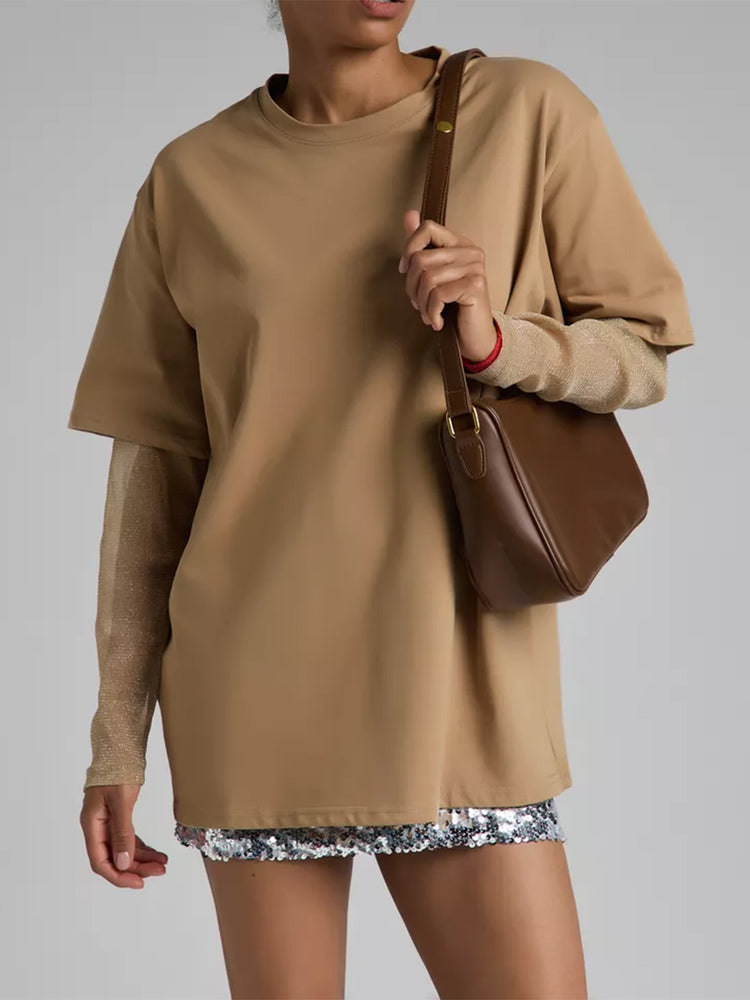 Faux Layered Round Neck Mesh Sleeve Top - MyEmpired