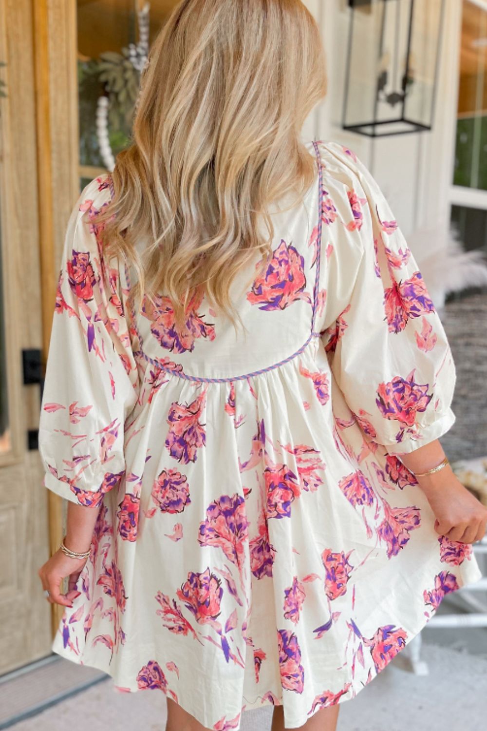 Tied Flower Printed Three-Quarter Sleeve Dress - MyEmpired