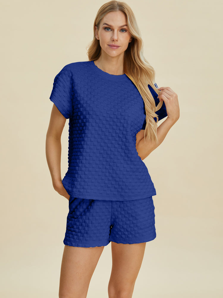 Double Take Full Size Texture T-Shirt and Shorts Set - MyEmpired