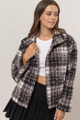 HYFVE Plaid Collared Neck Boucle Jacket with Pockets - MyEmpired