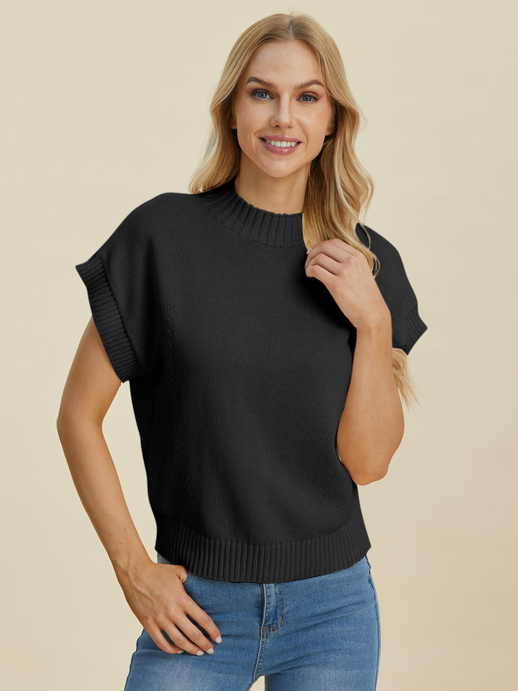 Double Take Full Size Mock Neck Short Sleeve Sweater - MyEmpired