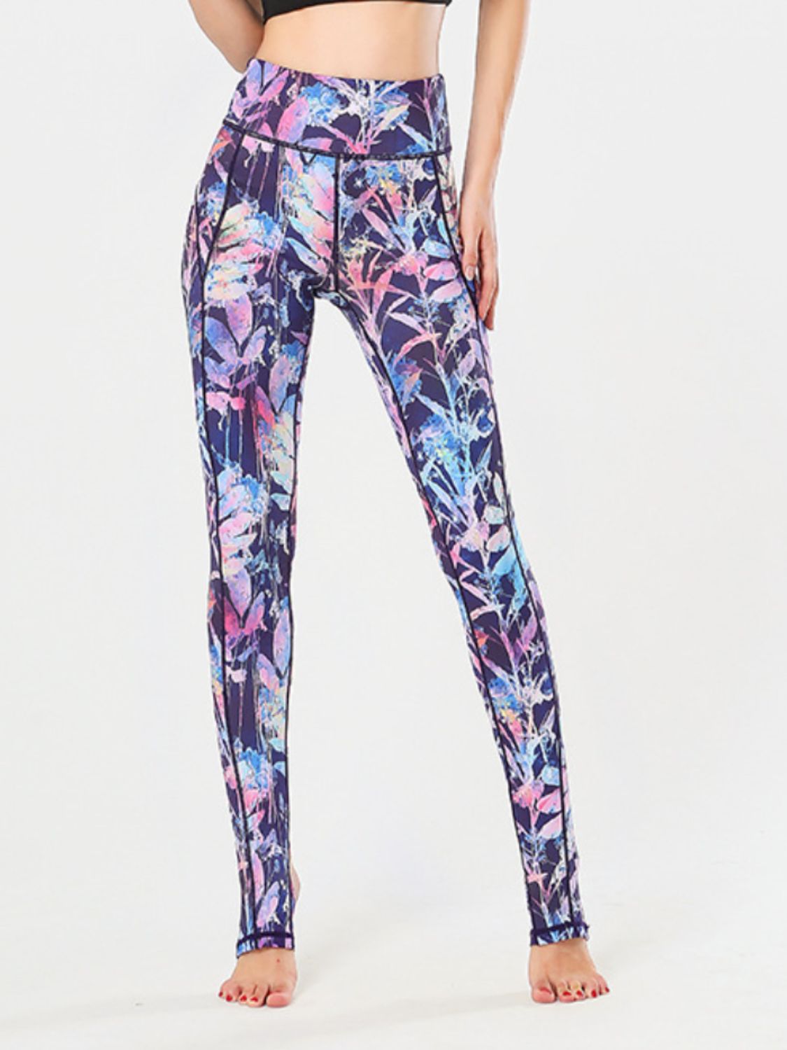 Printed Wide Waistband Active Leggings with Stirrups - MyEmpired