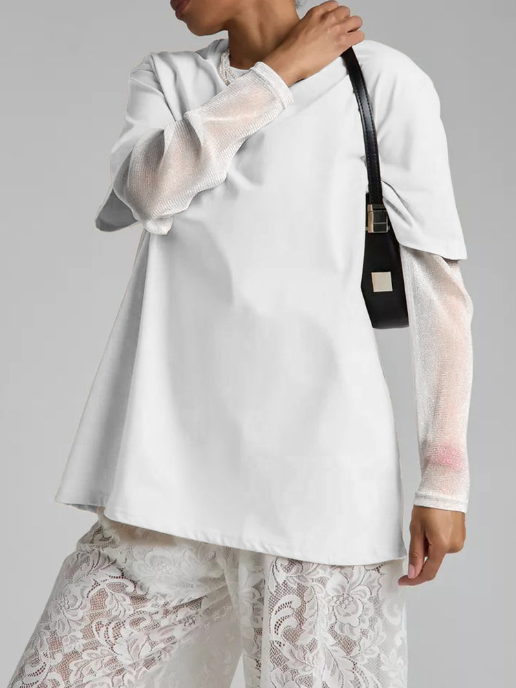 Faux Layered Round Neck Mesh Sleeve Top - MyEmpired