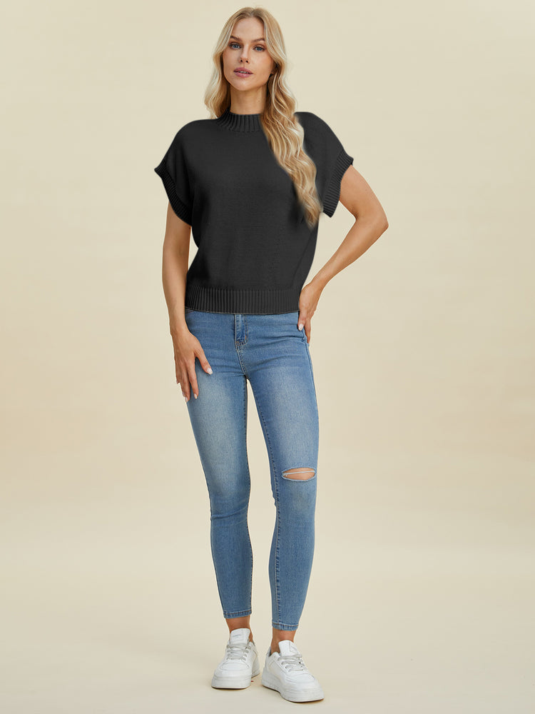 Double Take Full Size Mock Neck Short Sleeve Sweater - MyEmpired