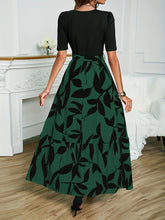 Plant Print Belted Splicing Dress, Elegant Crew Neck Short Sleeve Dress For Spring & Summer, Women&