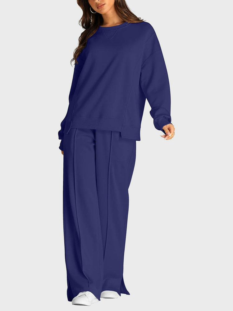 Round Neck Long Sleeve Top and Slit Pants Set - MyEmpired