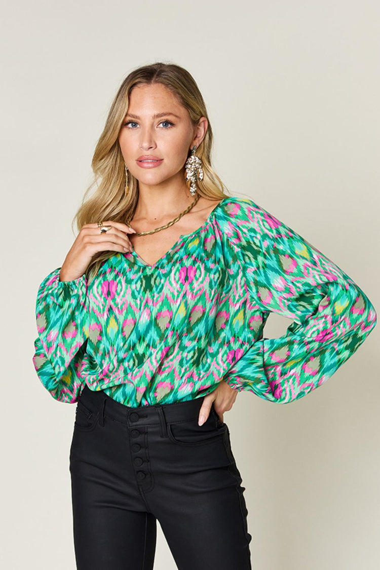 Double Take Full Size Printed Balloon Sleeve Blouse - MyEmpired