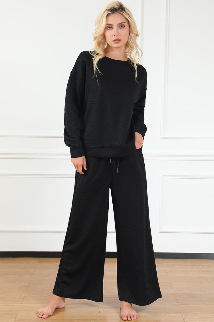 Double Take Full Size Textured Long Sleeve Top and Drawstring Pants Set - MyEmpired