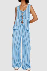Tied Front Striped Top and Pants Set - MyEmpired