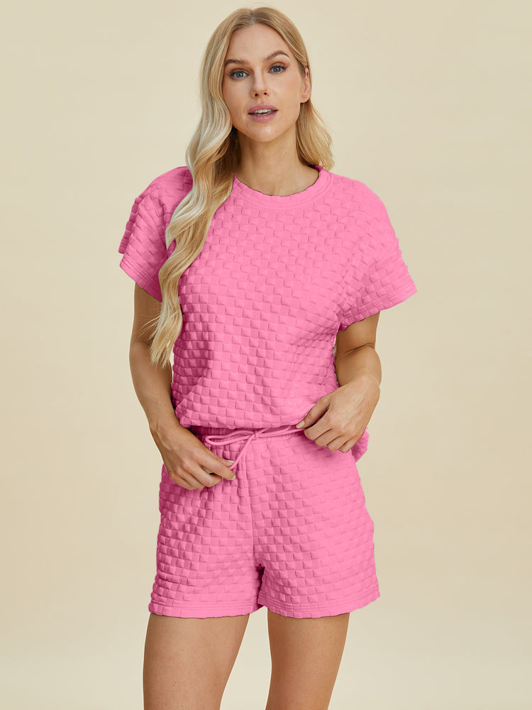 Double Take Full Size Texture T-Shirt and Shorts Set - MyEmpired