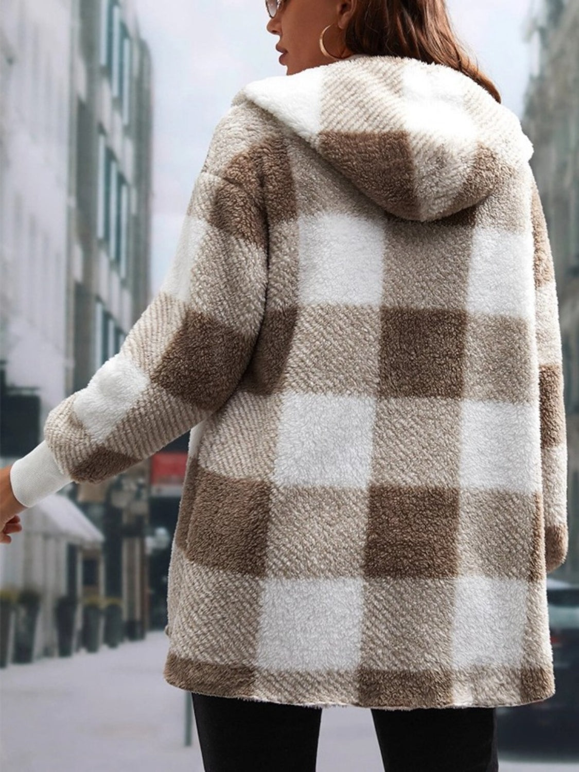 Plaid Long Sleeve Hooded Coat - MyEmpired