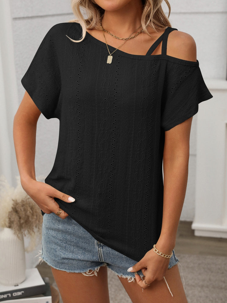 Eyelet Asymmetrical Shoulder Short Sleeve T-Shirt - MyEmpired