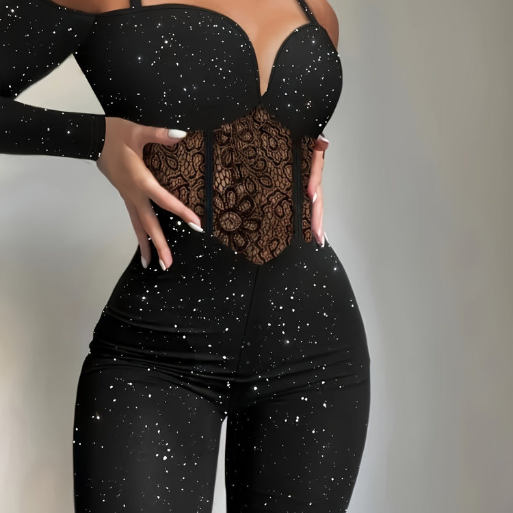 Sequin Skinny Leg Jumpsuit, Sexy Long Sleeve Jumpsuit For Spring & Fall, Women&
