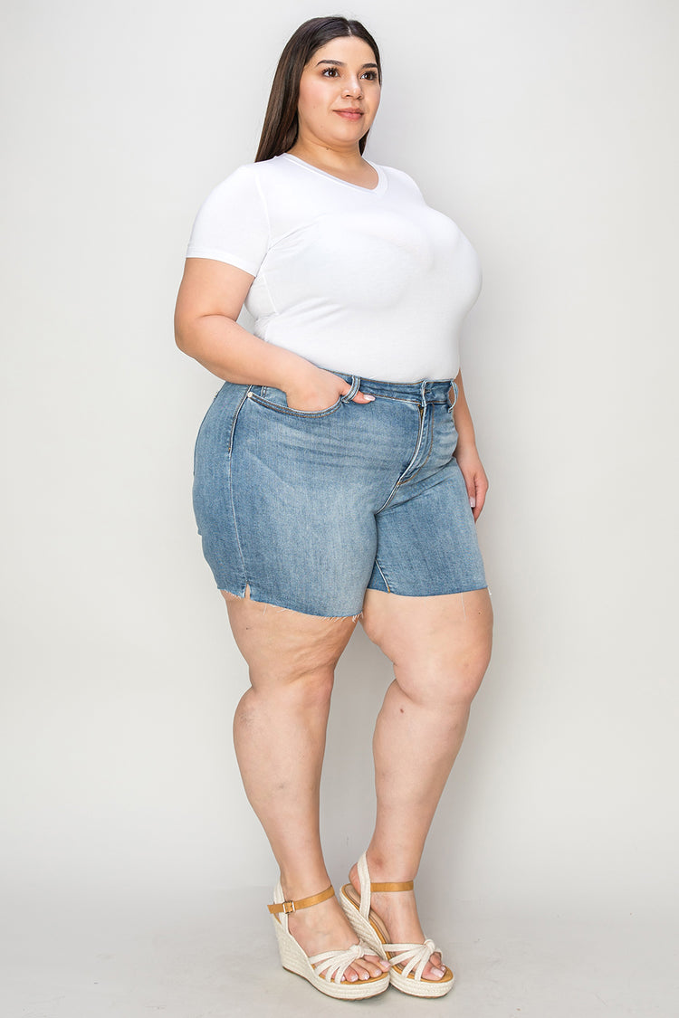 Judy Blue Full Size High Waist Raw Hem Denim Shorts - MyEmpired