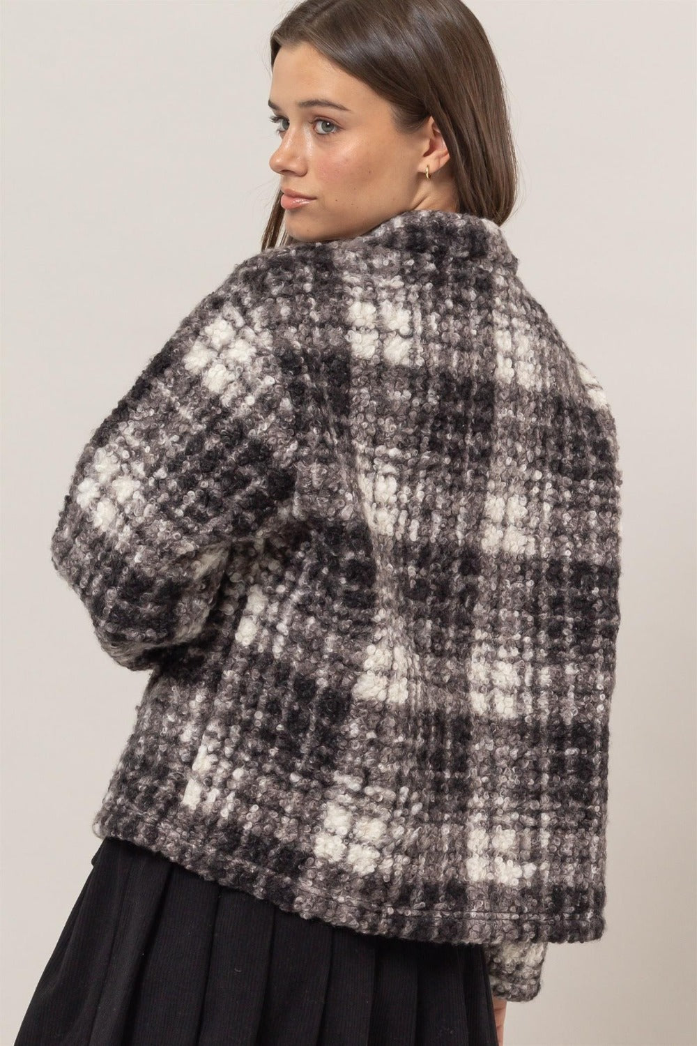 HYFVE Plaid Collared Neck Boucle Jacket with Pockets - MyEmpired
