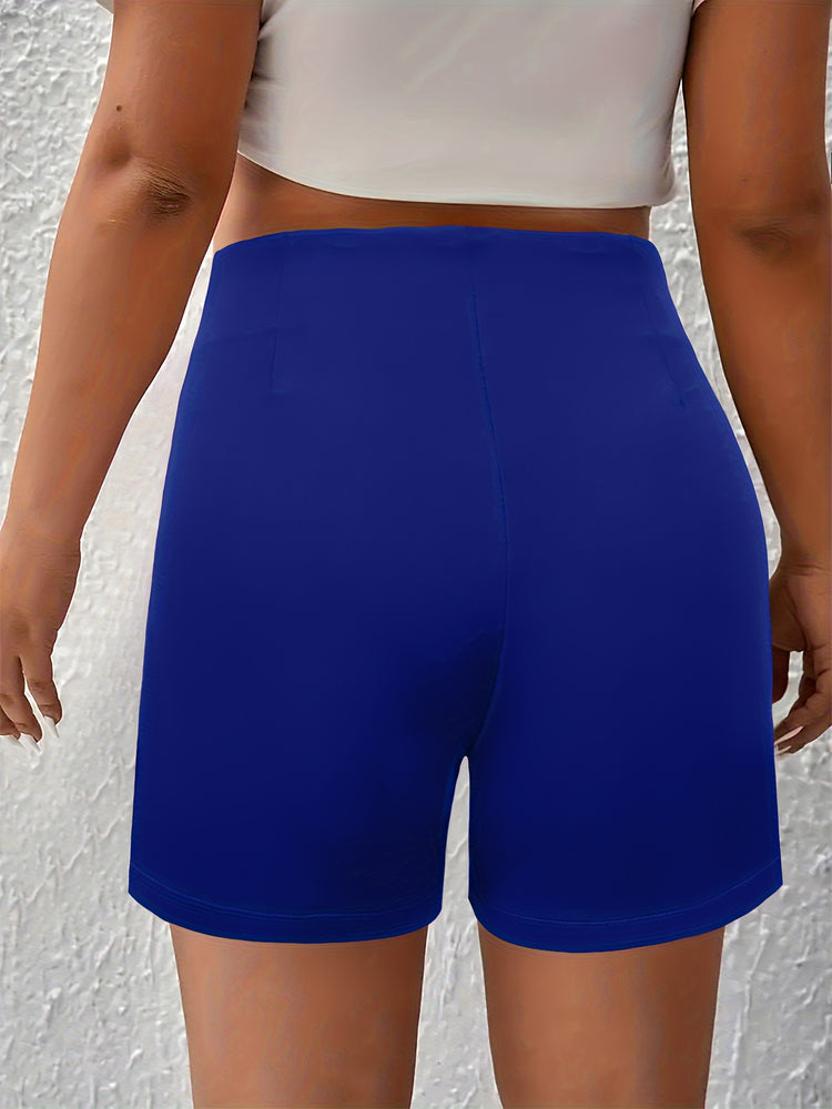 Solid Ruched High Waist Shorts, Casual Button Front Shorts For Spring & Summer, Women&