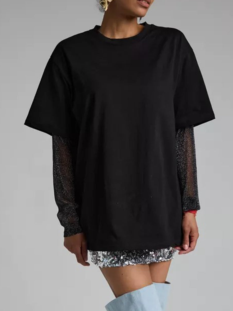 Faux Layered Round Neck Mesh Sleeve Top - MyEmpired