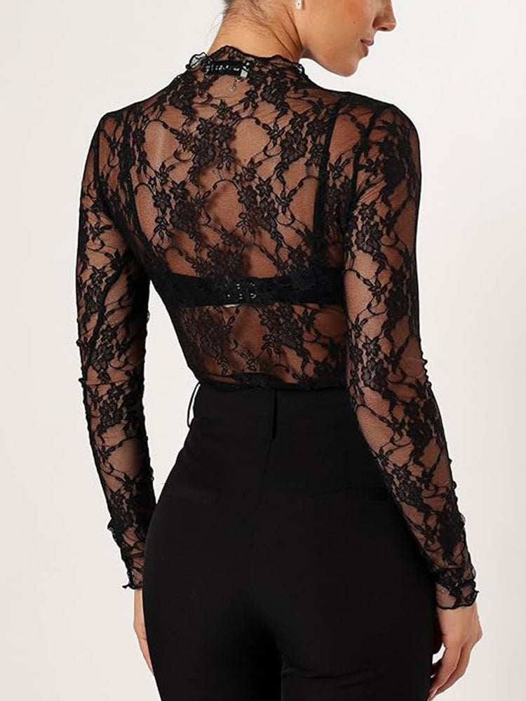 Floral Mock Neck Long Sleeve Mesh Top - MyEmpired