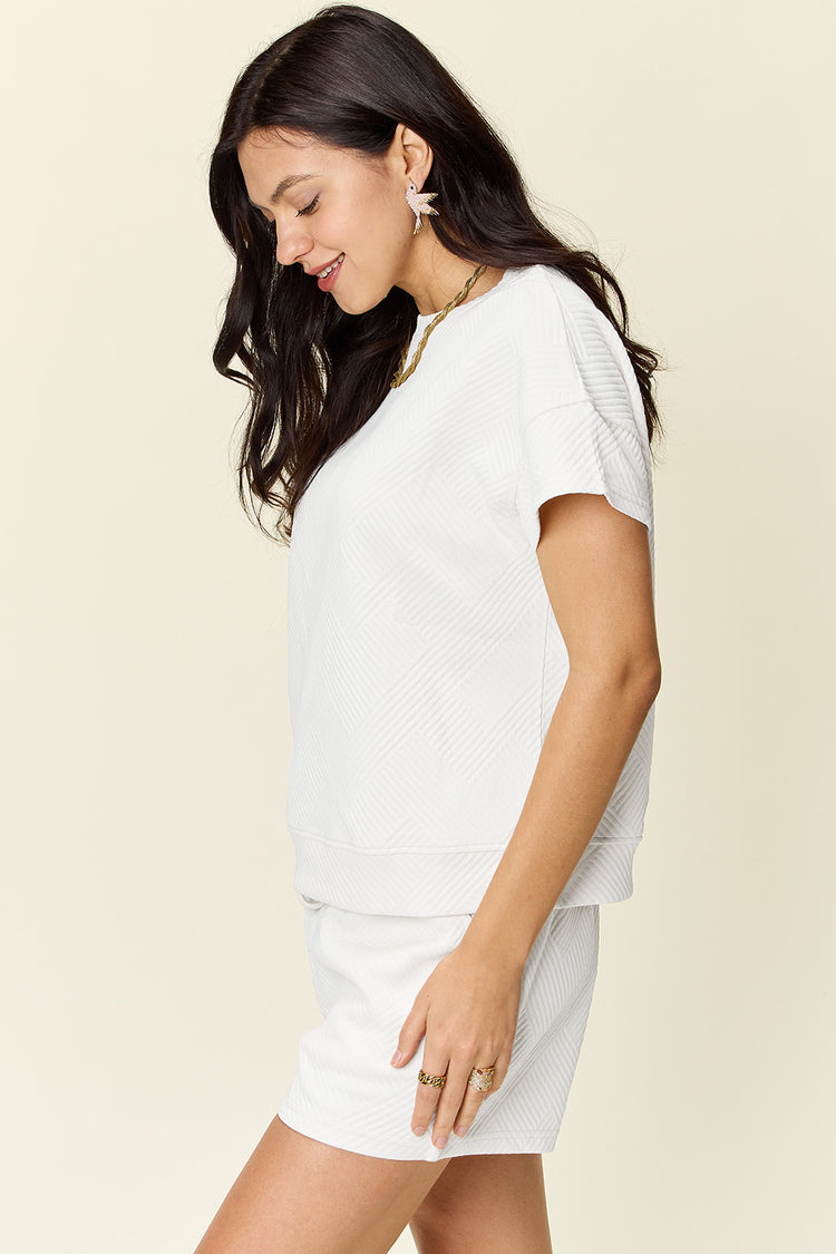Double Take Full Size Texture Short Sleeve T-Shirt and Drawstring Shorts Set - MyEmpired
