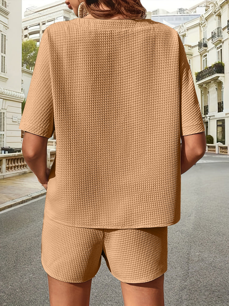 Waffle-Knit Half Sleeve Top and Shorts Set - MyEmpired