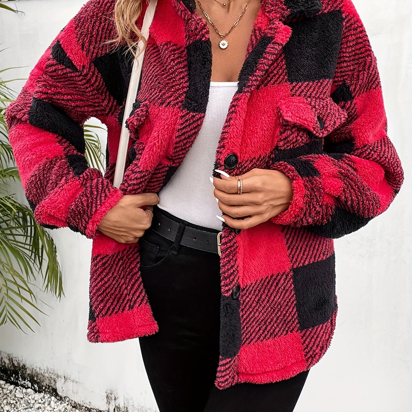 Plaid Fuzzy Fall & Winter Coat, Casual Button Front Long Sleeve Warm Outerwear, Women&