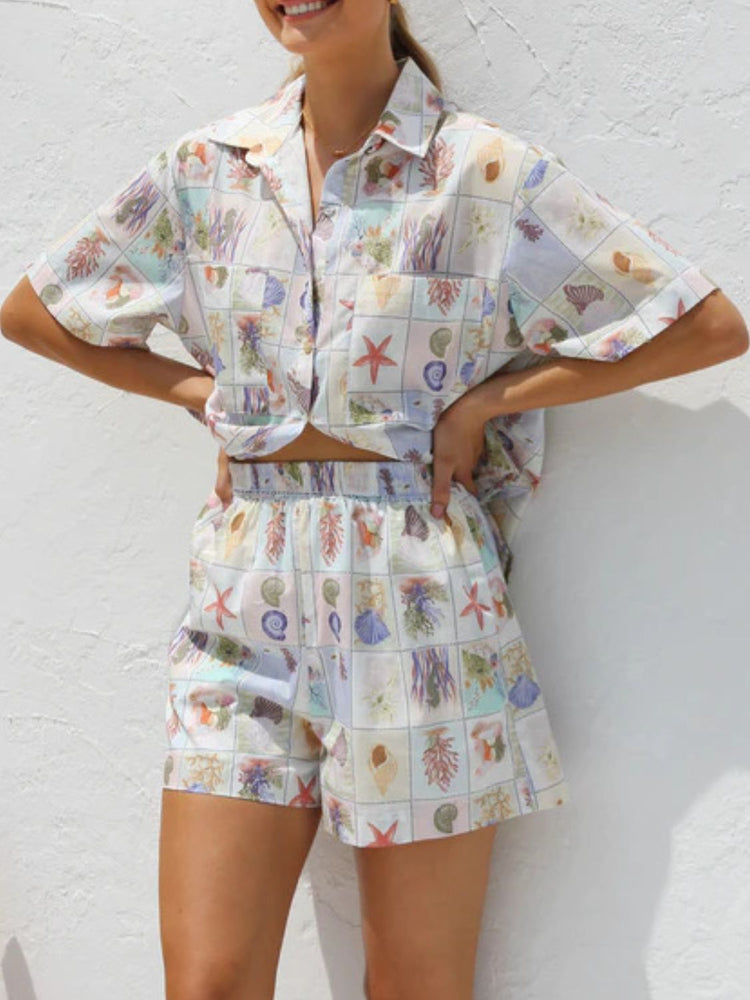 Printed Button Down Short Sleeve Top and Shorts Set - MyEmpired