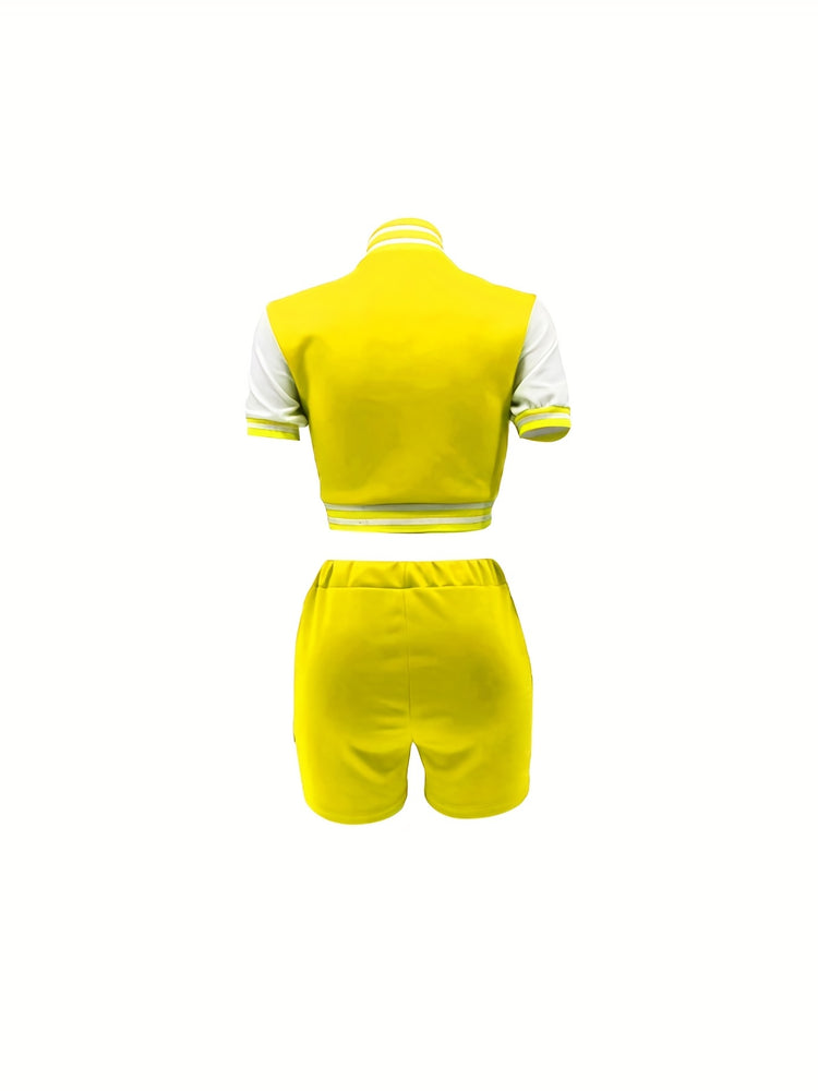 Letter Print Matching Two-piece Set, Color Block Jacket & Elastic Shorts Outfits, Women&