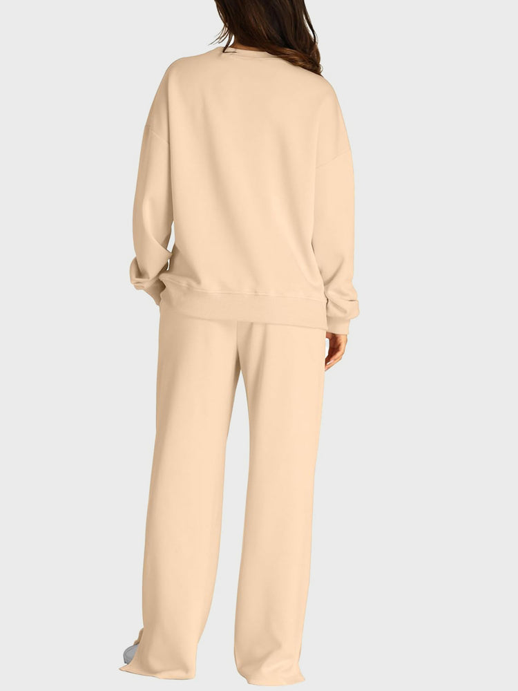 Round Neck Long Sleeve Top and Slit Pants Set - MyEmpired