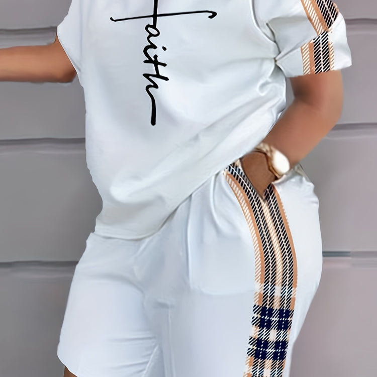 Plaid Print Splicing Two-piece Set, Faith Print Short Sleeve Tops & Pocket Workout Shorts Outfits, Women&